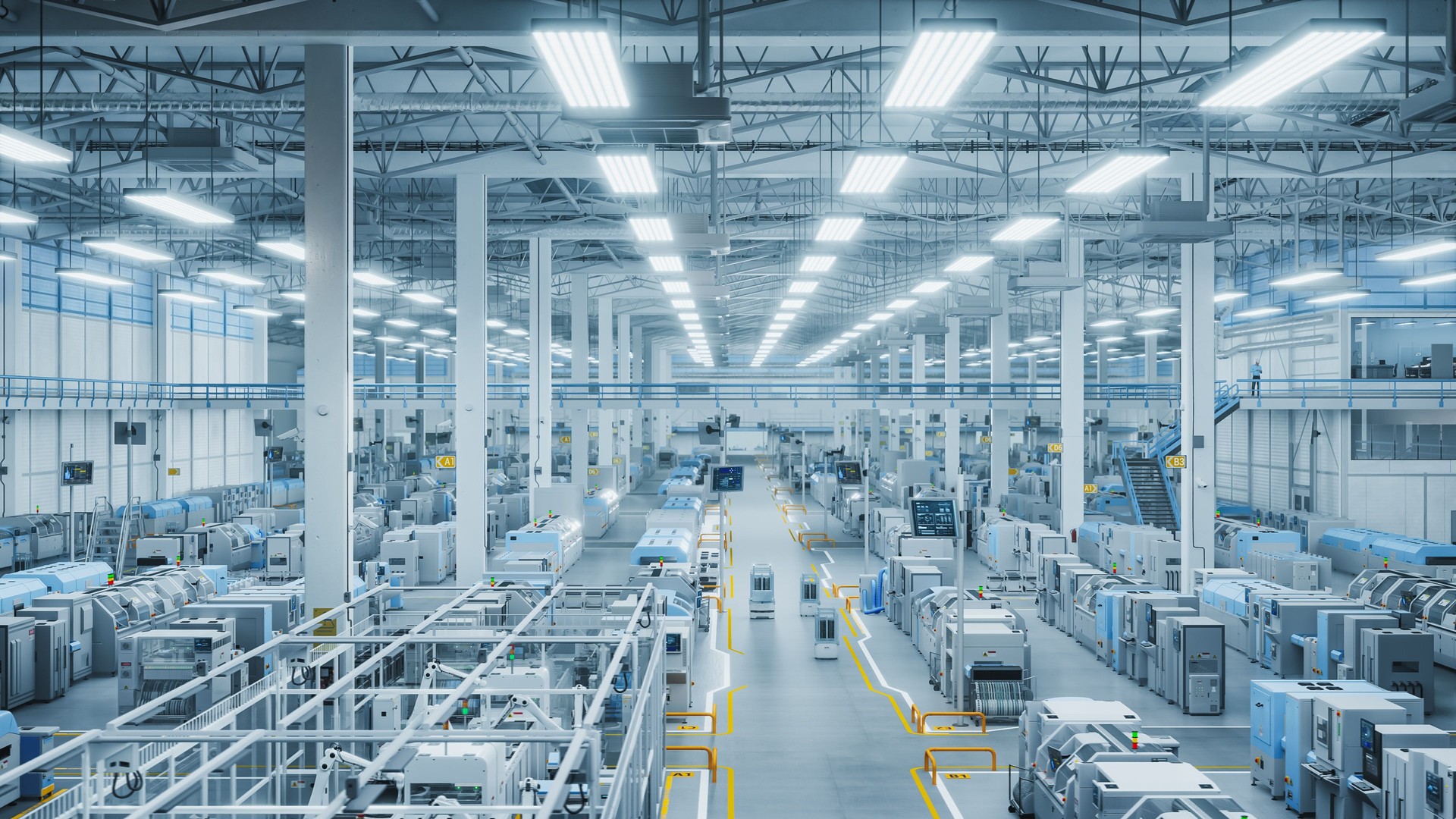 3D Render: Modern Manufacturing Plant with Advanced Robotic Arms Operating on an Assembly Line with Electronic Components Moving on Conveyor Belts. Elevated Top Angle Shot Of Advanced Facility.