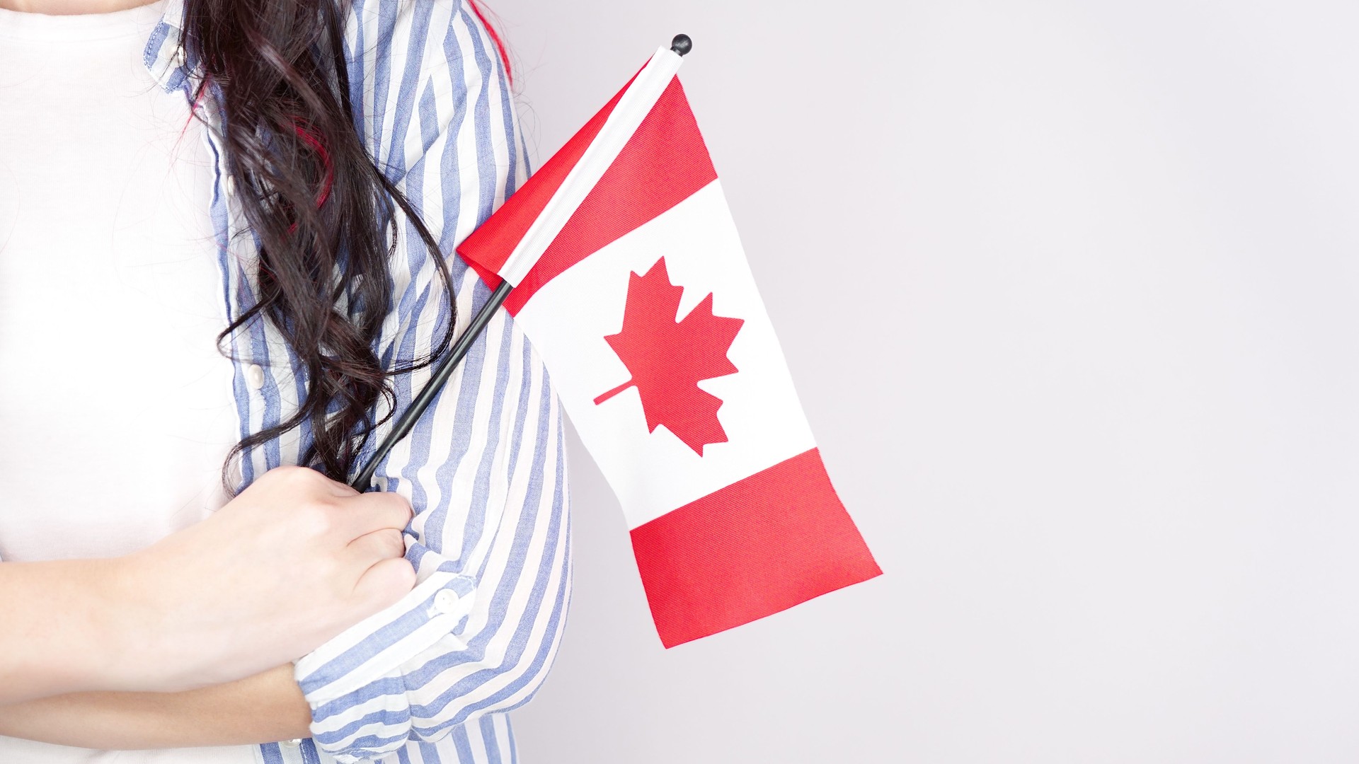 Unrecognized girl student in white blue shirt holding small canadian flag over gray background, Canada day, holiday, vote, immigration, tax, copy space